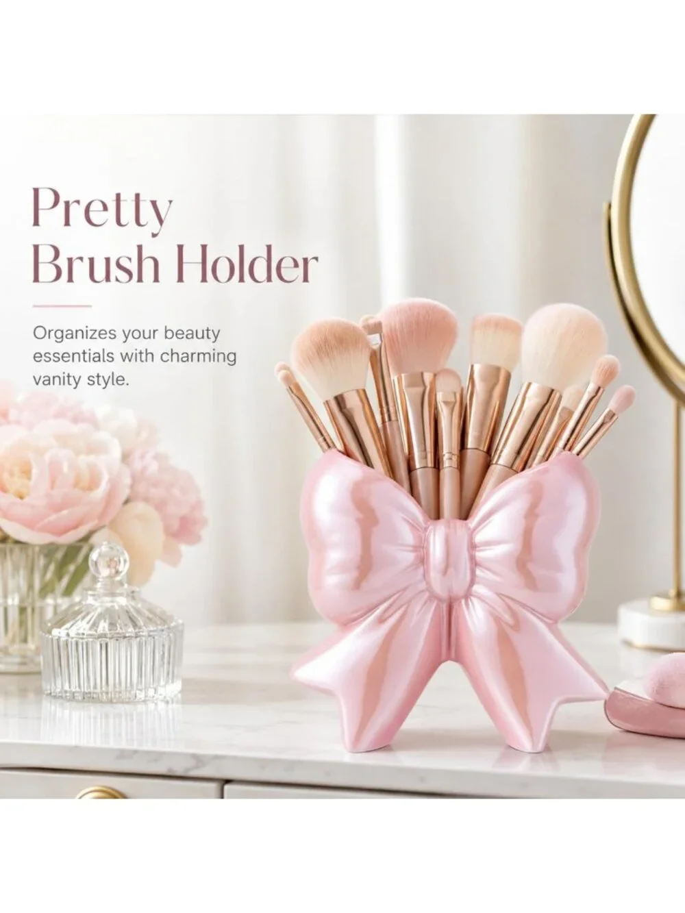 Iridescent Pink Ceramic Vase Makeup Brush Holder - Small, Classic Design